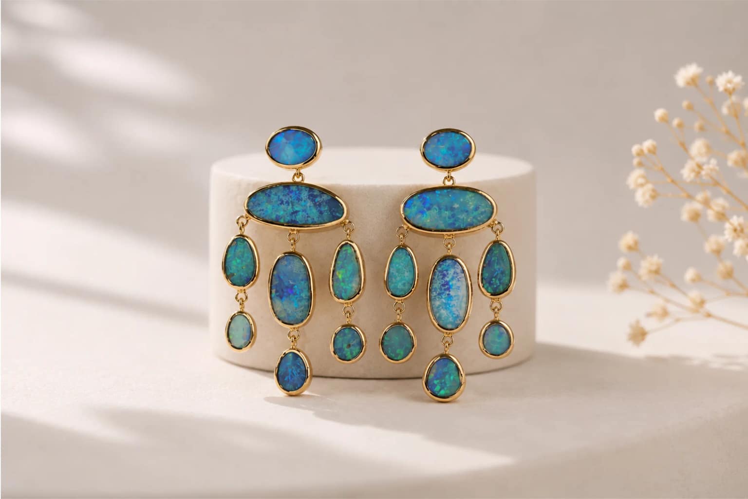 Opal earrings displayed in warm atelier light